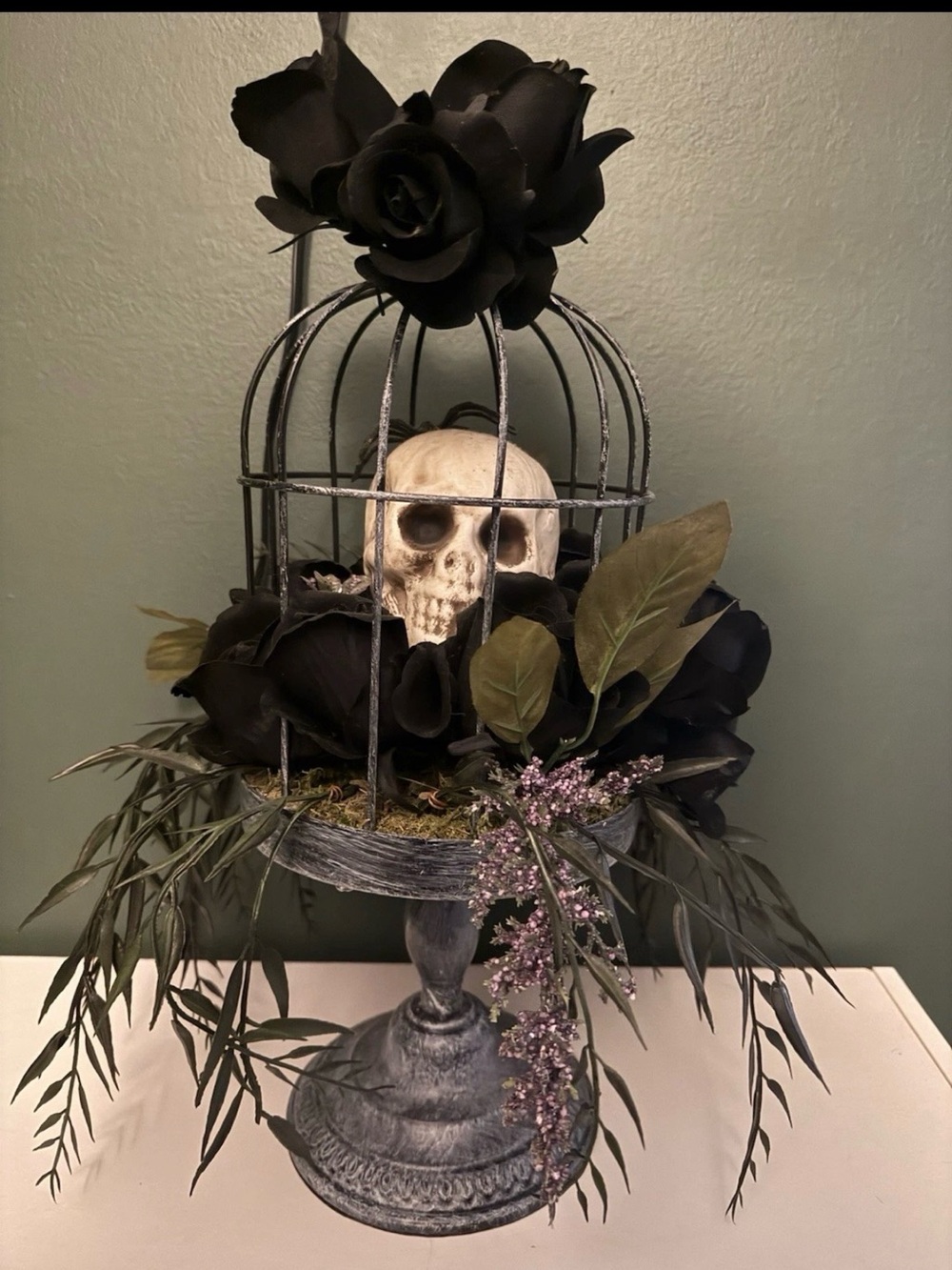 Martha Stewart Skull Black Roses Floral Arrangement Halloween Flower Cloche Goth